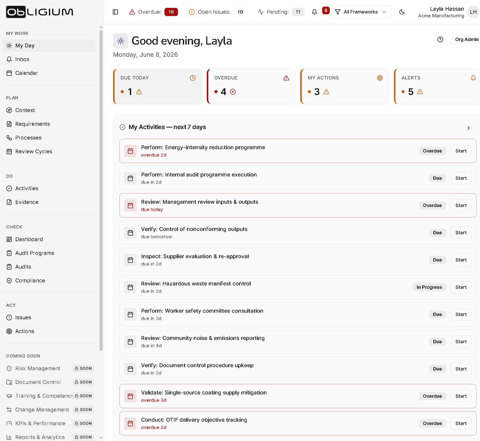 Obligium My Day — a live workspace of scheduled activities, due dates, and alerts